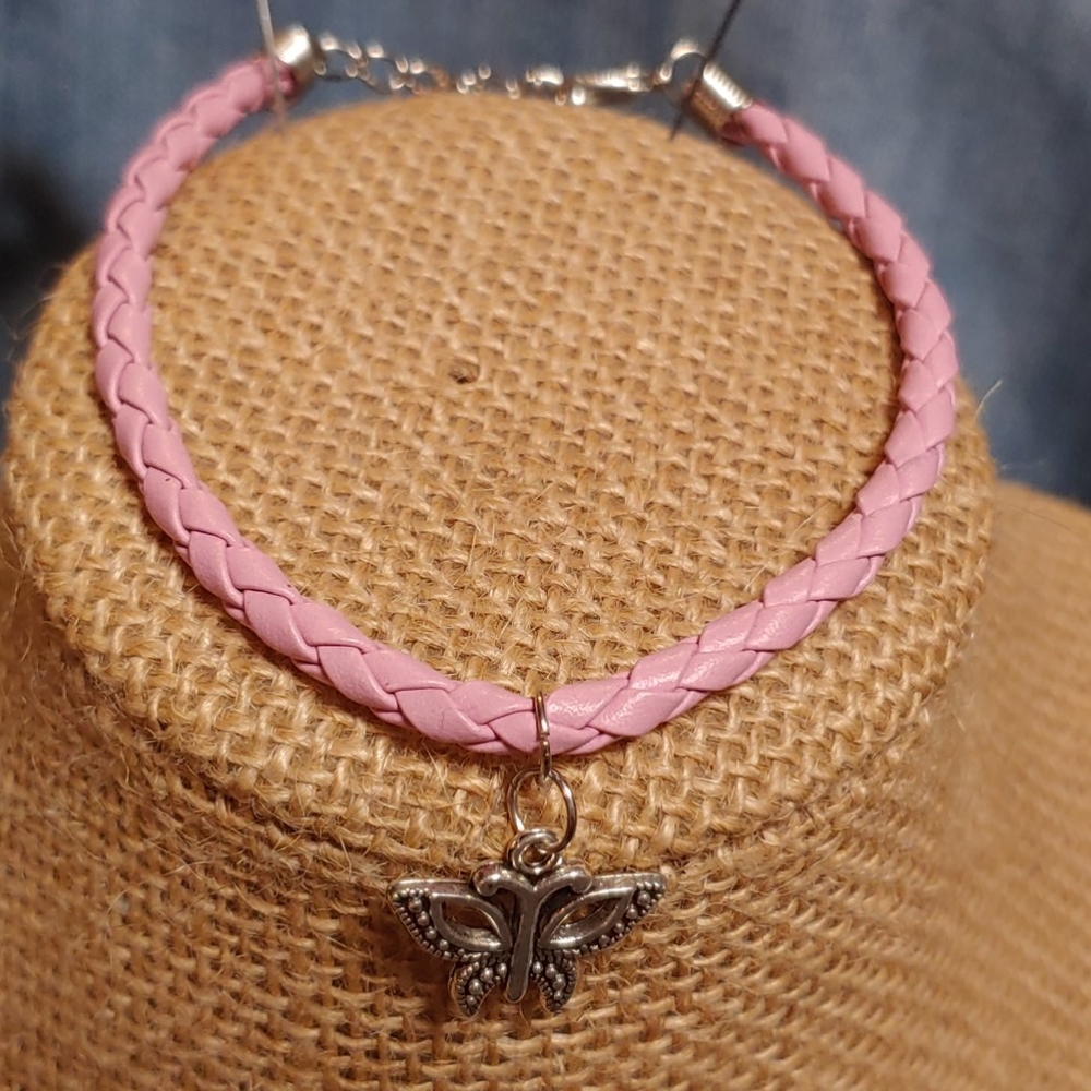 Pink leather adjustable braided cord bracelet